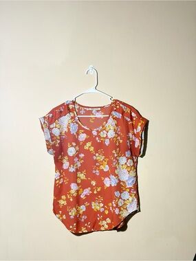 Speed Limit Size Large Orange Floral Short-Sleeve Scoop Neck Blouse